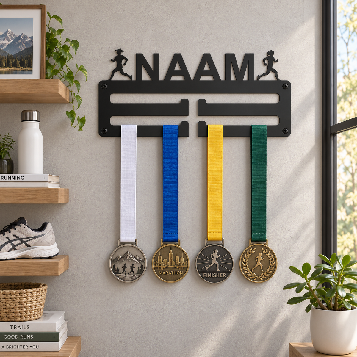 Marathon medaillehouder met naam aan de muur