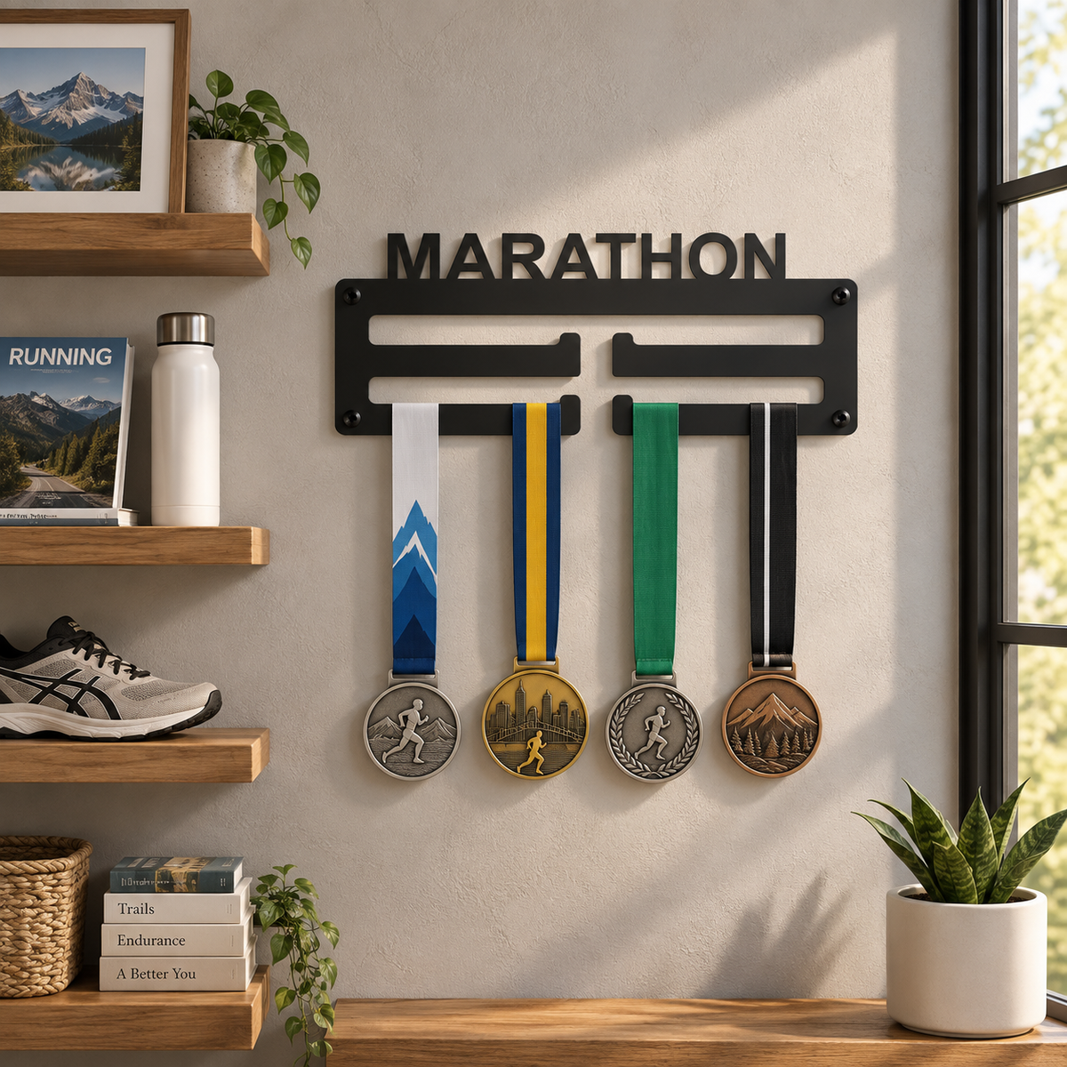 Hardloopmedailles ophangen aan marathon medaillehouder